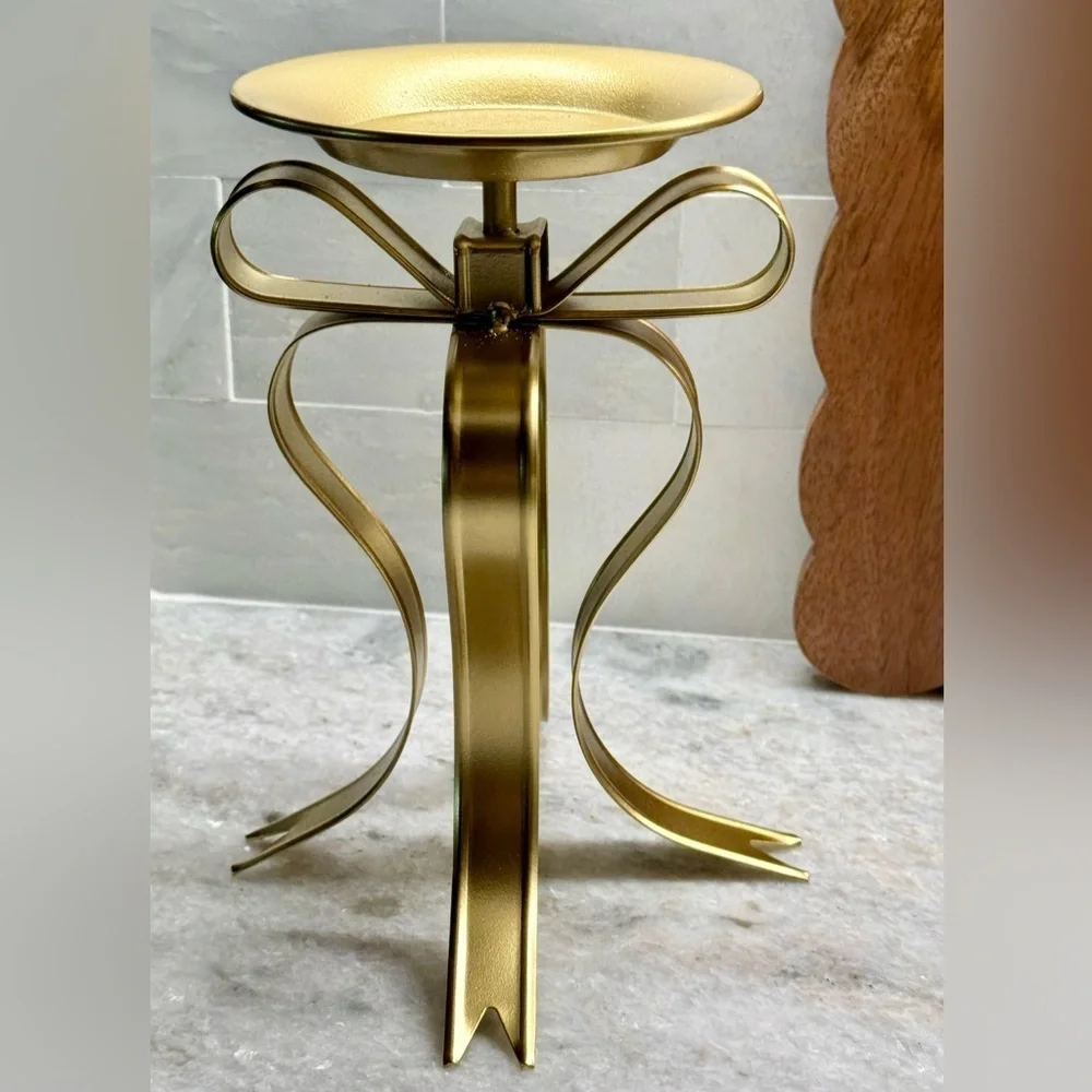 New Gold Bow Holiday Birthday Metal Pillar Candle Holder Home Decor - 8”